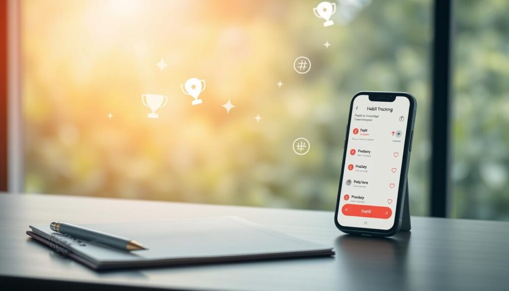 An elegant, minimalist illustration of habit tracking consistency triggers. In the foreground, a serene desktop setup with a notebook, a pen, and a smartphone displaying a habit tracking app. In the middle ground, positive reinforcement icons such as trophies, stars, and checkmarks float gently, emanating a soft, warm glow. The background depicts a tranquil, natural environment with blurred, lush greenery, conveying a sense of calm and focus. The overall mood is one of simplicity, organization, and a gentle encouragement to stay consistent with one's habits. Captured with a wide-angle lens, soft lighting, and a shallow depth of field to emphasize the key elements.