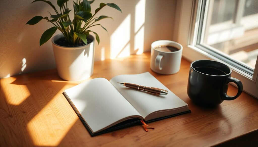Cozy journal corner with warm lighting, a wooden desk, and an open notebook. A pen rests next to the journal, ready for the writer's thoughts. Sunlight streams through a window, casting a soft glow on the scene. The atmosphere is one of quiet focus and the beginnings of a daily habit. A potted plant and a mug of coffee add personal touches, making this space a welcoming haven for self-reflection and creative expression.