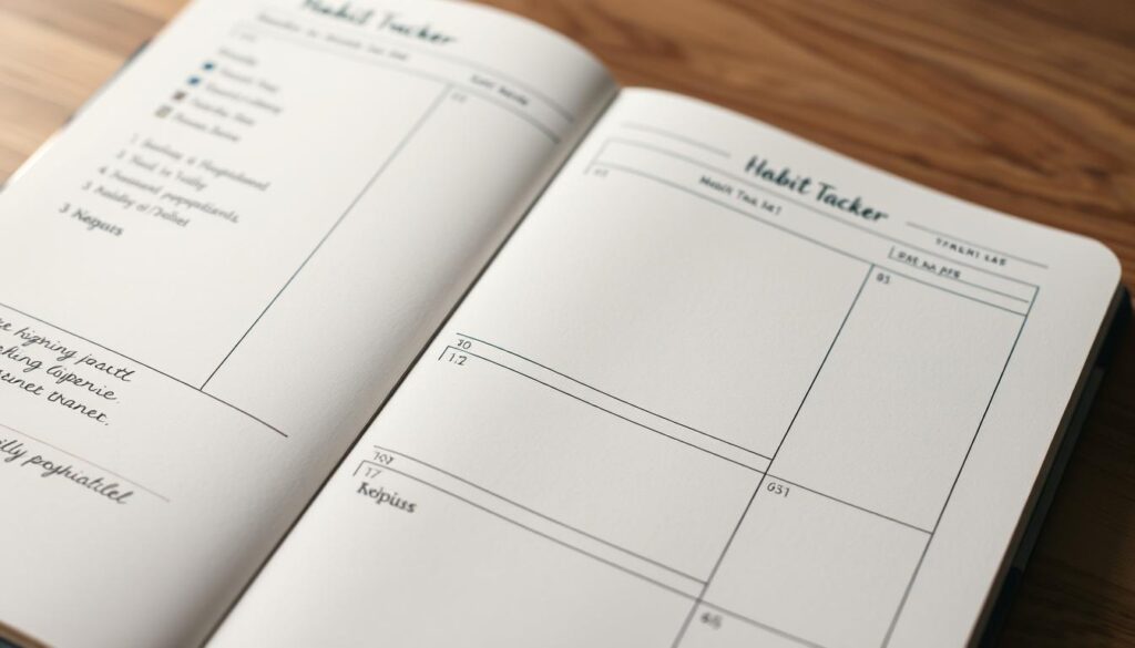 Detailed bullet journal spread showcasing a habit tracker, meticulously handwritten with various colored pens. Muted, earthy tones create a calming, organized atmosphere. Rectangular grid layout with space for daily, weekly, and monthly tracking of multiple habits. Elegant page dividers, lightly sketched icons, and minimal decorative flourishes add visual interest. Soft, diffused lighting casts gentle shadows, highlighting the tactile, analog nature of the journal. Crisp, high-resolution close-up capturing the careful attention to detail and purposeful design.