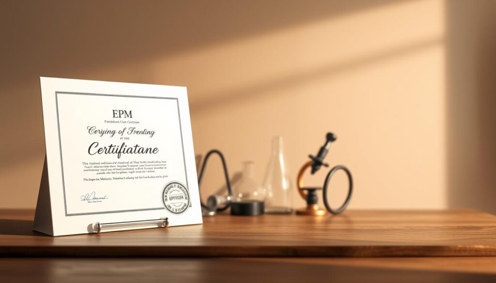 Elegant certification credentials against a professional backdrop. In the foreground, a clean, modern certificate with precise calligraphic details and an official-looking stamp. The certificate is displayed on a subtle, textured surface, perhaps wood or parchment. In the middle ground, a minimalist arrangement of medical and scientific icons - stethoscopes, beakers, microscopes - suggesting the expertise and qualifications of the functional medicine practitioner. The background features a muted, soft-focus gradient, conveying a sense of prestige and authority. Warm, directional lighting casts subtle shadows, adding depth and dimension to the overall composition.