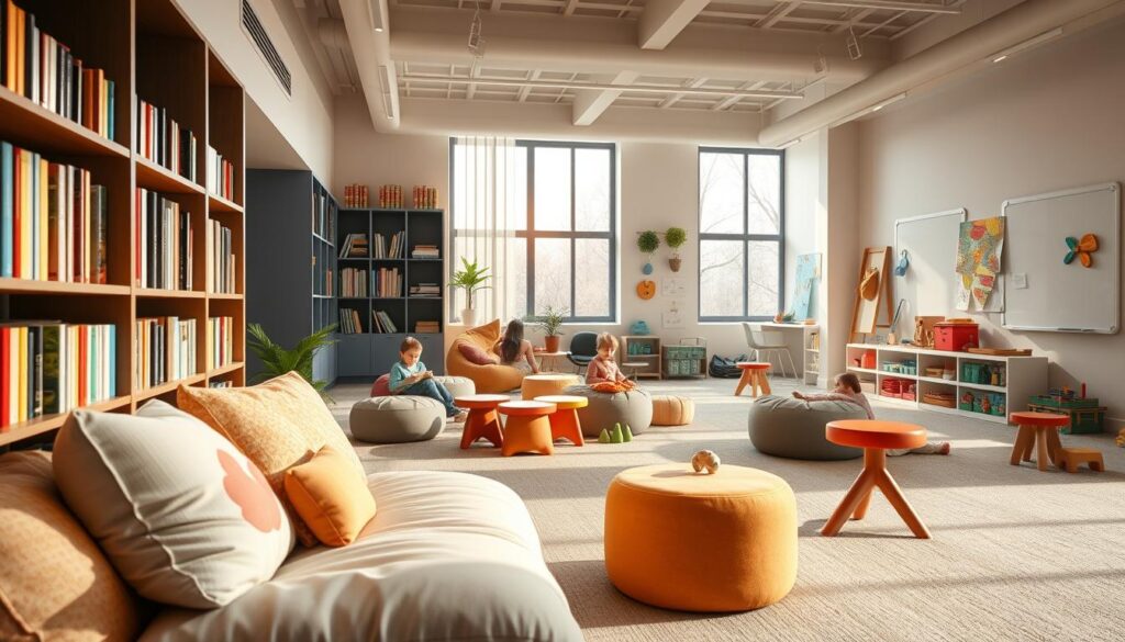 Evolving learning space for children, a vibrant and dynamic environment that adapts to their growing needs. In the foreground, a cozy reading nook with plush cushions and a bookshelf brimming with colorful tales. The middle ground showcases flexible seating options, from beanbags to adjustable stools, encouraging collaborative learning. Soft, indirect lighting filters through large windows, creating a warm, inviting atmosphere. In the background, a magnetic whiteboard and an array of educational toys and materials hint at the endless possibilities for creative exploration. The space is designed to evolve with the child, fostering a love of learning and discovery.