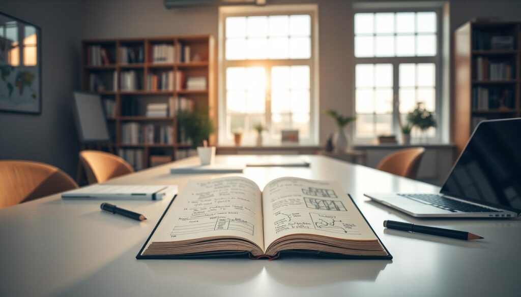 Inspired office setting, clean modern desk with minimalist supplies - pen, paper, laptop. Centered on the desk, an open notebook with neatly organized handwritten notes and diagrams. Warm natural lighting from large windows, casting a gentle glow. Bookshelf in the background, filled with reference material. Atmosphere conveys focus, organization and effective written communication strategies.