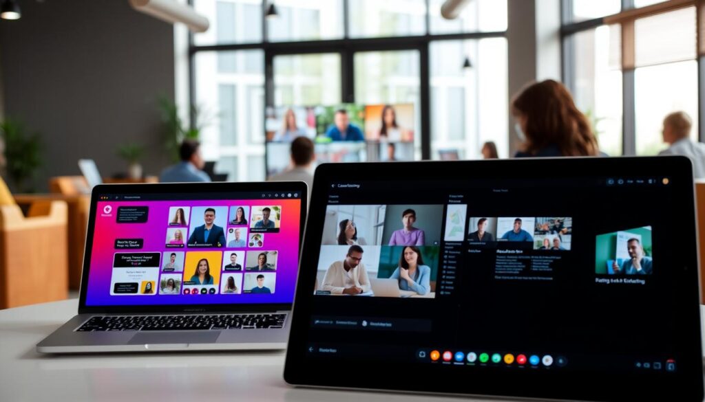 Online learning platforms with vibrant colors and clean interfaces. In the foreground, a laptop and tablet display various online course modules and educational content. The middle ground features students of diverse backgrounds engaged in interactive lessons, video conferences, and virtual classrooms. The background showcases a modern, minimalist office space with large windows, allowing natural light to fill the scene. The overall atmosphere conveys a sense of productivity, collaboration, and the seamless integration of technology into the learning experience.