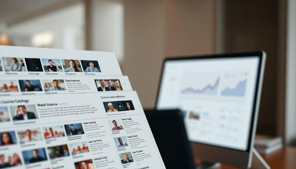 a high-resolution, detailed image of a data science course catalog, presented in a clean, modern layout. The foreground features an array of course thumbnails and descriptions, with a clear organizational structure and hierarchy. The middle ground showcases a minimalist, yet visually appealing course search interface, with intuitive filtering and sorting options. The background depicts a soft, blurred illustration of a data visualization dashboard, hinting at the practical applications of the courses. The lighting is soft and diffused, creating a warm, inviting atmosphere. The overall composition conveys a sense of professionalism, accessibility, and the breadth of the data science curriculum.