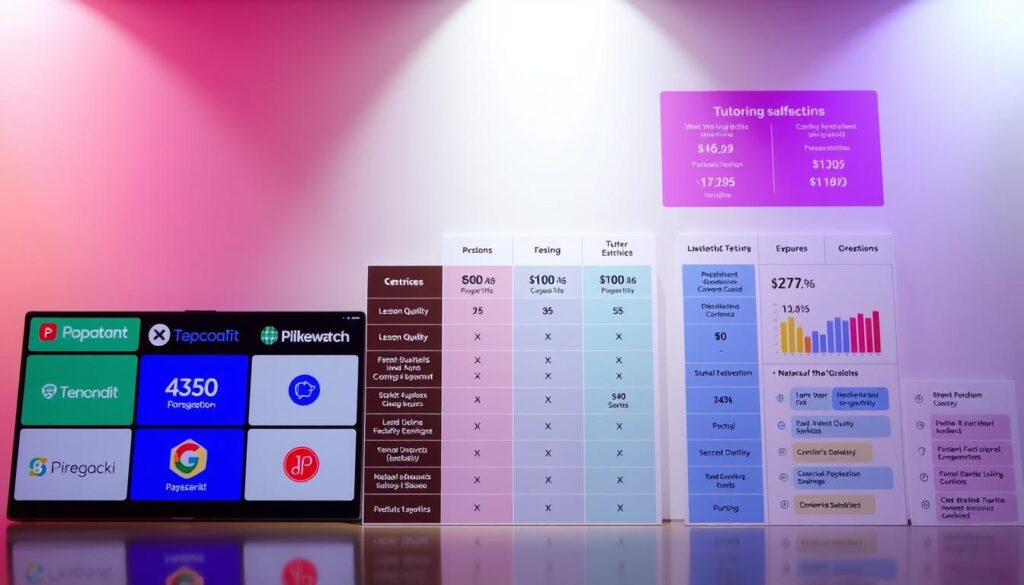 a vibrant, colorful, and highly detailed comparison of several online tutoring platforms, presented in a clean, modern layout. The foreground features a grid of platform logos and thumbnails, each showcasing the unique features and offerings of the respective service. The middle ground depicts a series of side-by-side comparison charts, highlighting key metrics such as pricing, lesson quality, tutor expertise, and student satisfaction. The background is a soft, gradient-based color scheme that creates a sense of depth and professionalism. Bright, directional lighting illuminates the scene, casting subtle shadows and creating a sense of depth. The overall composition conveys a sense of authority, clarity, and a thorough analysis of the tutoring platform landscape.