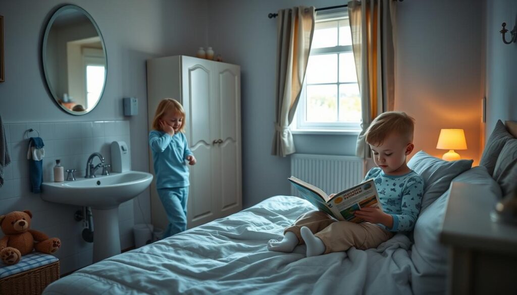 children bedtime routine activities, cozy bedroom scene with two young siblings in pajamas, one child brushing teeth at bathroom sink while the other child reads a storybook on a comfortable bed, soft warm lighting, muted color palette of blues and grays, details like a teddy bear, nightlight, and open window with curtains, family photograph on dresser, relaxed, peaceful atmosphere
