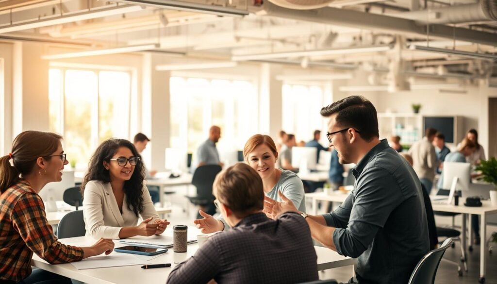 A bright, airy office setting with a group of diverse colleagues engaged in lively discussion. In the foreground, a team brainstorming around a table, gesturing animatedly as ideas flow. The middle ground features coworkers collaborating on a shared presentation, their expressions focused yet collaborative. In the background, an open-plan workspace buzzes with productivity, people moving between desks, sharing information. Warm, natural lighting filters in through large windows, creating a sense of openness and camaraderie. The atmosphere conveys the benefits of effective workplace communication - enhanced teamwork, increased productivity, and a positive, engaged work culture.