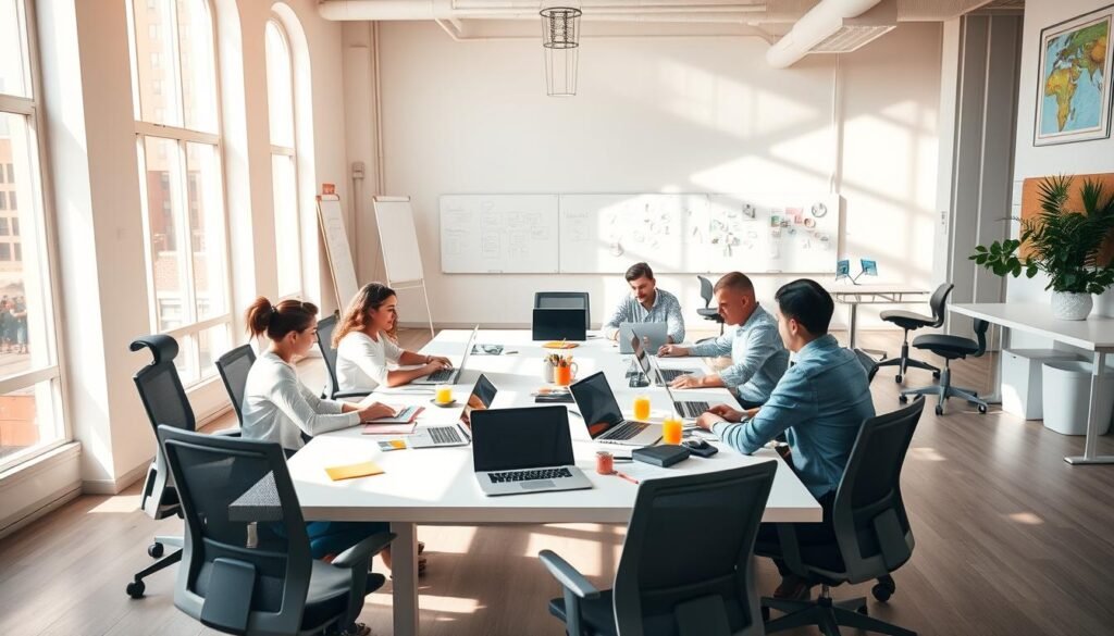 A bright and airy team collaboration workspace, with a large communal table at the center. Sunlight streams in through floor-to-ceiling windows, casting a warm glow on the modern, minimalist decor. Colorful office supplies and laptops are scattered across the table, hinting at the focused teamwork taking place. In the background, whiteboards and cork boards display project plans and sticky notes, a testament to the creative energy flowing through the space. Ergonomic chairs and standing desks line the perimeter, encouraging movement and active engagement. The overall atmosphere is one of productivity, collaboration, and open communication.