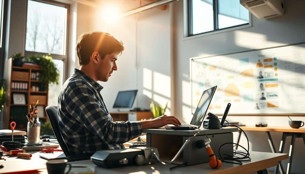 A bright, modern office setting with a person sitting at a desk, intently focused on a laptop screen. Sunlight streams in through large windows, casting a warm glow on the scene. The desk is cluttered with various tools and gadgets, suggesting an innovative, tech-savvy workspace. The person's body language conveys a sense of creative energy and problem-solving, as they apply their skills to tackle a challenge on the screen. In the background, a whiteboard displays colorful mind maps and diagrams, hinting at the collaborative and iterative nature of the innovation process. The overall atmosphere is one of focused productivity, with a touch of inspirational flair.