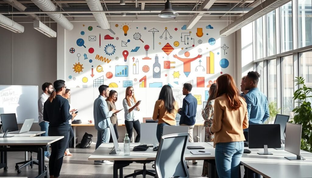 A bright, modern office space with a collaborative, productive atmosphere. In the foreground, a group of diverse employees engaged in a lively discussion, their body language conveying enthusiasm and camaraderie. The middle ground features a mix of standing desks, ergonomic chairs, and smart whiteboards, all bathed in natural light streaming through large windows. In the background, a vibrant mural depicting abstract shapes and icons symbolizing innovation, teamwork, and achievement. The overall scene radiates a sense of energy, focus, and a shared commitment to productivity and success.