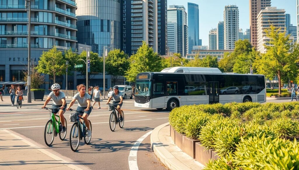 A bustling cityscape with a harmonious blend of sustainable transportation options. In the foreground, a group of cyclists glide along a dedicated bike lane, their bright, eco-friendly bicycles reflecting the warm sunlight. In the middle ground, a modern electric bus silently transports passengers, its sleek design and zero-emission powertrain showcasing advanced green technology. In the background, a network of pedestrian-friendly walkways and lush greenery create a tranquil, nature-inspired setting, encouraging walking and active lifestyles. The scene conveys a vision of a thriving, environmentally conscious urban landscape where multiple sustainable modes of transportation coexist seamlessly.