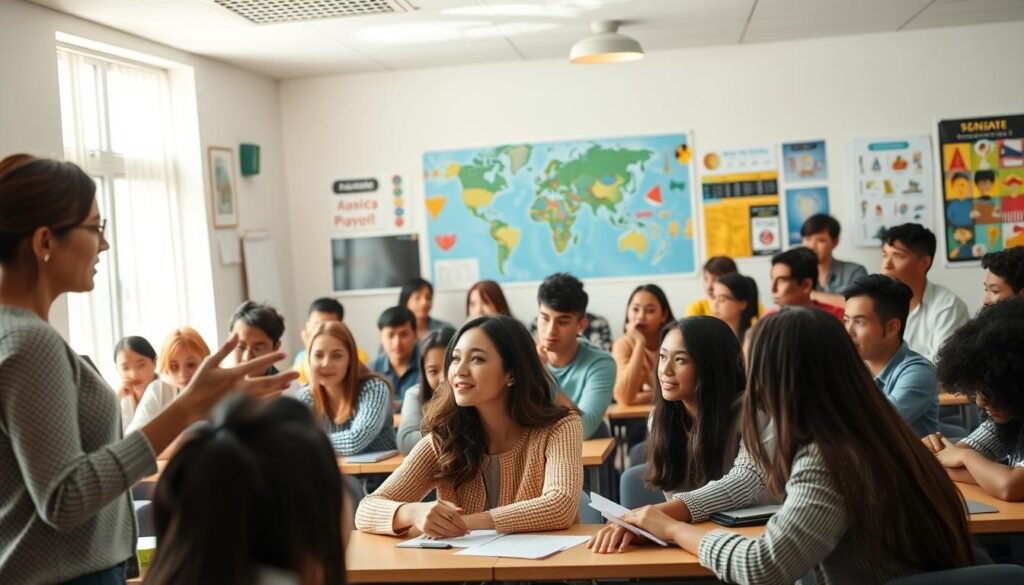 A classroom filled with diverse students, attentively engaged in the language learning process. Soft, natural lighting illuminates the scene, creating a warm and inviting atmosphere. In the foreground, a teacher gestures animatedly, guiding students through vocabulary exercises and interactive activities. The middle ground features students collaborating in pairs, practicing conversational skills and immersing themselves in the target language. In the background, a world map and language-themed posters adorn the walls, symbolizing the global reach and cultural richness of the endeavor. The overall scene conveys the collaborative, dynamic, and enriching nature of the language learning journey.