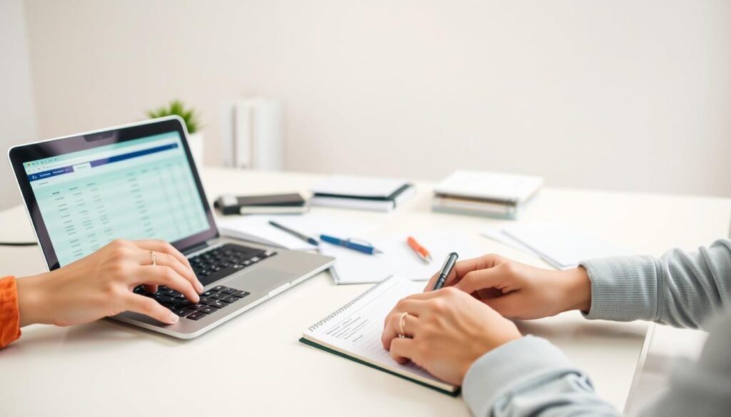 A clean, well-lit office space with a minimalist desk setup. On the desk, an array of neatly arranged budgeting tools, including a calculator, a notebook, a pen, and various financial documents. The foreground features a sleek, modern laptop displaying a budgeting spreadsheet. The middle ground showcases a pair of hands using the budgeting tools, highlighting the process of financial planning. The background has a soft, blurred focus, creating a sense of depth and emphasizing the tools in the foreground. The overall mood is one of organization, efficiency, and a focus on responsible financial management.