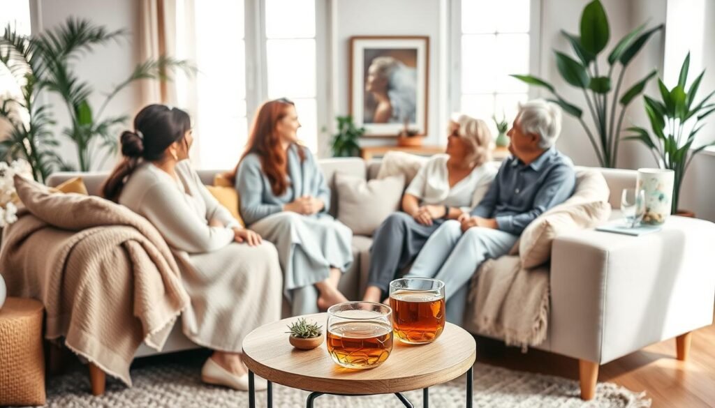 A cozy and calming living room setting, with natural lighting filtering through large windows. In the foreground, a group of friends gathered around a comfortable sofa, engaged in a supportive conversation. Soft throws and pillows create a sense of warmth and intimacy. In the middle ground, a small table displays soothing herbal tea and healthy snacks, fostering a nurturing atmosphere. The background features plants and artwork, conveying a serene and restorative environment that promotes stress relief and emotional well-being.
