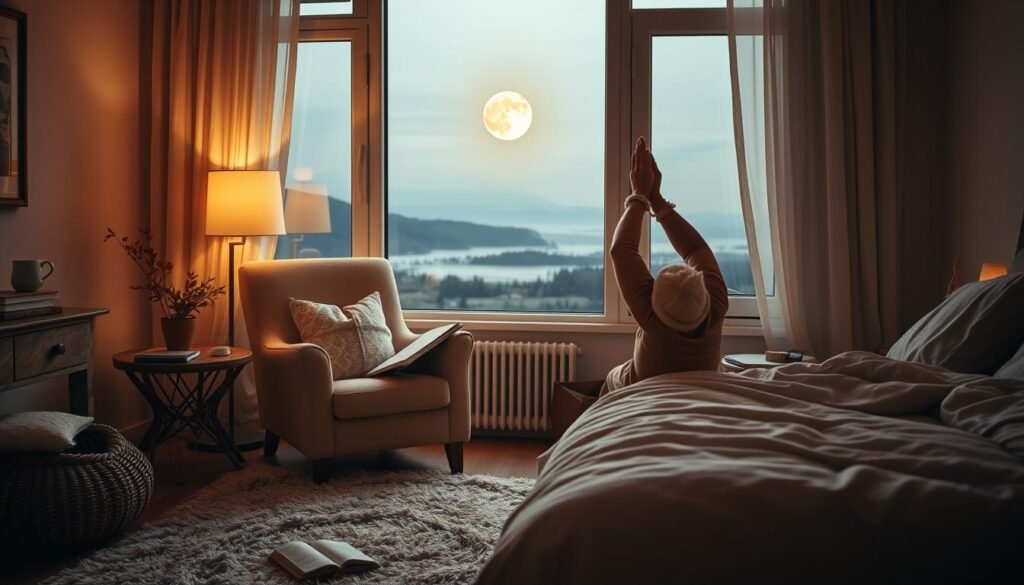 A cozy bedroom with soft lighting, a plush armchair, and a bedside table with a cup of tea and a book. In the foreground, a person sits comfortably, engaged in a calming ritual like journaling or gentle stretching. The room is filled with natural textures, like a plush rug and warm, earthy tones. Through the window, a serene, moonlit landscape can be seen, conveying a sense of tranquility and relaxation. The overall atmosphere is one of mindfulness, self-care, and a peaceful wind-down before sleep.