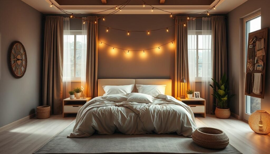 A cozy, dimly lit bedroom with warm, soft lighting. Plush bedding in soothing neutral tones invites relaxation. A large, inviting bed sits in the center, flanked by minimalist nightstands. Delicate string lights are draped overhead, casting a gentle glow. Potted plants and natural textures, like a woven basket or wooden accent pieces, add organic elements. The walls are painted in a calming, muted color palette. Large windows allow natural light to filter in, but heavy curtains can be drawn for complete darkness. An air of tranquility and serenity permeates the space, creating an ideal sleep environment.