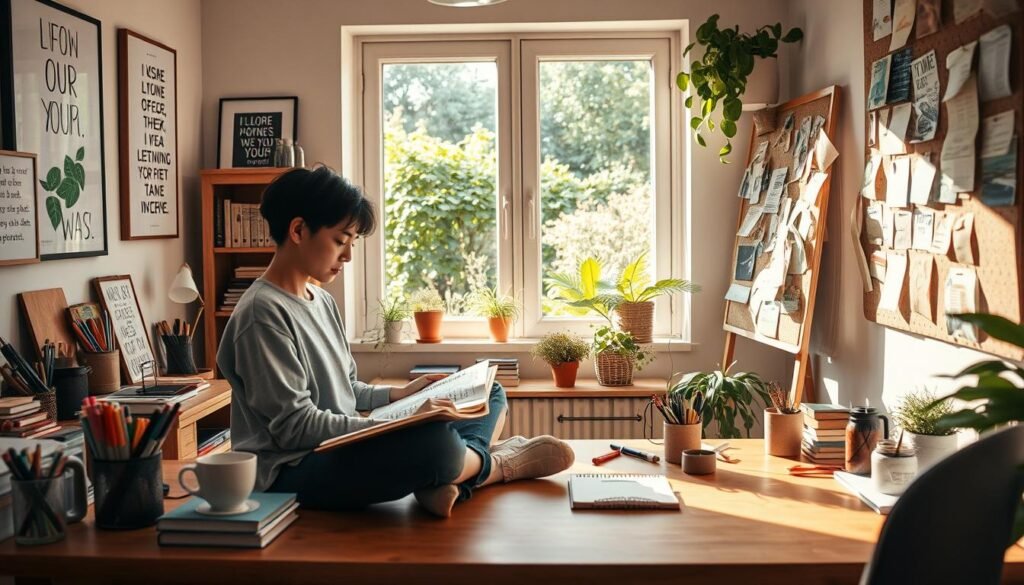 A cozy home office filled with natural light, a wooden desk adorned with an array of creative tools - markers, pencils, sketchpads, and a cup of steaming coffee. On the walls, inspirational artwork and motivational quotes. In the foreground, a person sitting cross-legged, immersed in a sketchbook, their face alight with focused creativity. The middle ground showcases a pinboard displaying sticky notes, sketches, and idea-sparking clippings. The background reveals a window overlooking a vibrant, verdant garden, hinting at the connection between nature and the creative process. Soft, warm lighting casts a serene, contemplative mood, encapsulating the essence of daily creativity habits.