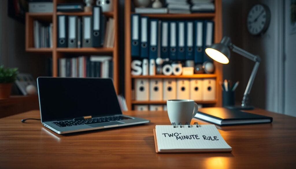 A cozy home office setting, with a wooden desk illuminated by soft, warm lighting. On the desk, a laptop, a cup of coffee, and a small notepad with the words "Two-Minute Rule" written on it. In the background, a bookshelf filled with organizational binders and office supplies. The overall atmosphere is focused and productive, with a sense of efficiency and time management.