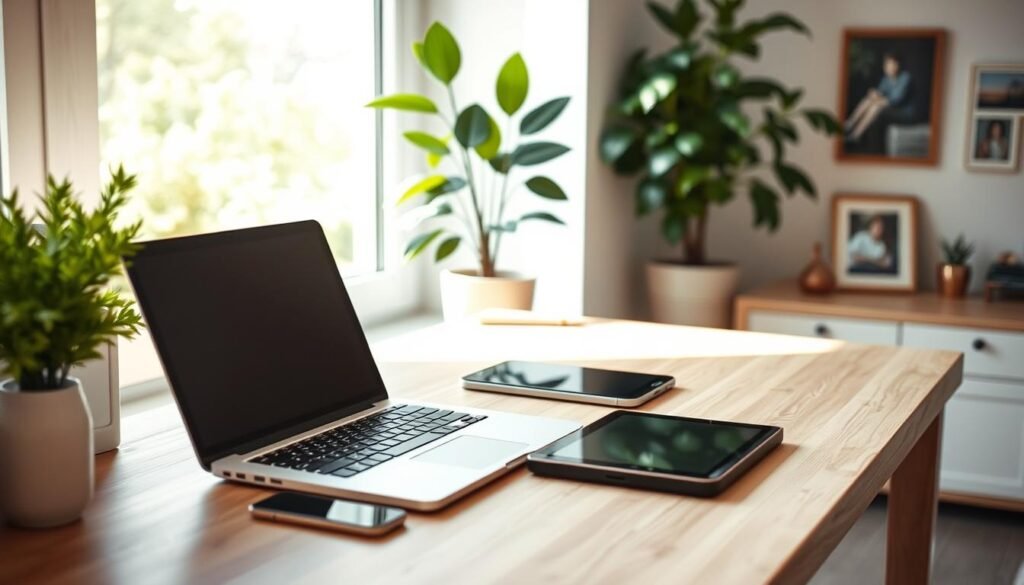 A cozy home office setup with a laptop, smartphone, and tablet neatly arranged on a minimalist wooden desk. Soft, natural lighting filters in through a large window, creating a serene, work-life balance atmosphere. In the background, a lush indoor plant and a few framed photos add a touch of personalization. The overall scene conveys a sense of productivity, relaxation, and digital wellness, reflecting the importance of using technology to disconnect and unwind.