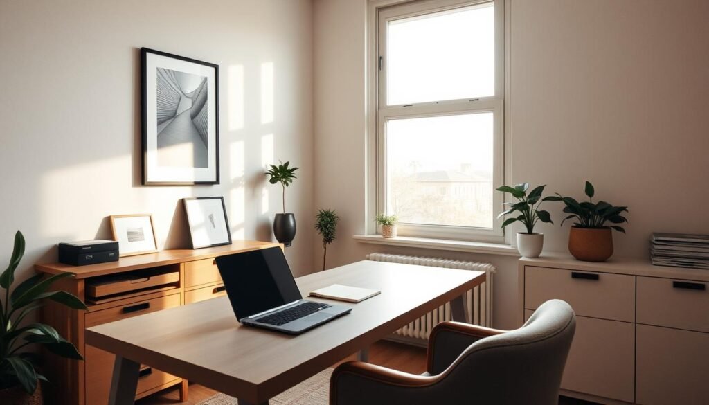 A cozy home office with minimal, clean-lined furniture in muted tones. A large window floods the space with natural light, casting a warm glow. On the desk, a laptop and a single notebook stand out, unencumbered by clutter. Framed artwork and a houseplant add subtle pops of color, creating a serene, focused atmosphere. The lighting is soft and diffused, emphasizing the sense of tranquility. The camera angle is slightly elevated, conveying a sense of order and productivity. The overall mood is one of calm focus, free from distractions.