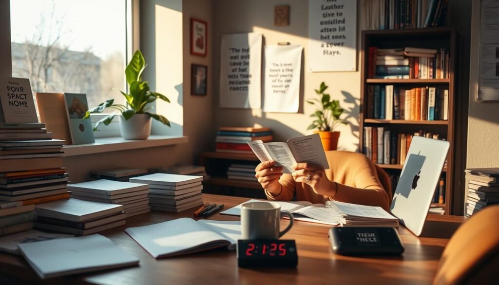A cozy study nook with a person diligently reviewing flashcards, surrounded by stacks of books and organized notes. Warm, natural lighting from a nearby window illuminates the scene, casting a soft glow. The desk is meticulously arranged, with a laptop, a cup of coffee, and a timer to track study sessions. The walls are adorned with motivational quotes and visual aids, creating a serene and focused atmosphere. In the background, a bookshelf filled with reference materials and a plant add a touch of greenery, symbolizing growth and knowledge. The overall composition conveys the essence of spaced repetition - a structured, consistent, and effective approach to studying.