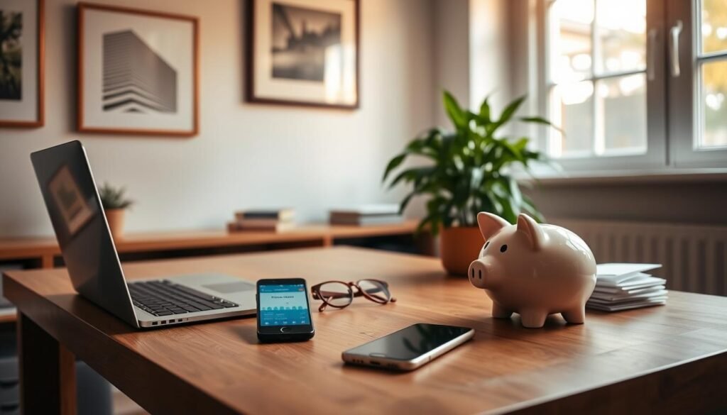 A cozy, well-lit home office with a wooden desk, a laptop, and a stack of papers neatly organized. On the desk, a pen, a pair of glasses, and a piggy bank sit beside a smartphone displaying a budgeting app. The walls are adorned with minimalist artwork, and a lush, potted plant adds a touch of greenery. Warm, natural lighting filters through a large window, casting a gentle glow on the scene. The atmosphere conveys a sense of focus, productivity, and a thoughtful approach to personal finance.
