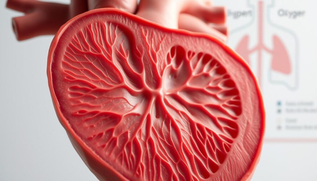 A detailed cross-section of a human heart muscle, showcasing the intricate network of capillaries and arteries that facilitate oxygen delivery. The muscle fibers should be visible, with a focus on their structure and arrangement. In the background, a schematic representation of the respiratory system, highlighting the flow of oxygen from the lungs to the heart. The image should convey a sense of depth and three-dimensionality, with a soft, natural lighting that enhances the organic textures and patterns. The overall tone should be educational and scientific, emphasizing the vital role of the cardiovascular system in supporting physical activity and overall health.