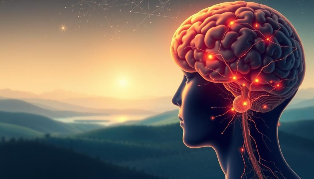 A detailed, high-resolution digital illustration depicting the concept of "mindfulness brain health". In the foreground, a human brain is shown in profile, with neural pathways and synaptic connections illuminated in a warm, glowing palette. The brain is surrounded by a serene, meditative environment - in the middle ground, a tranquil landscape with rolling hills, a calm lake, and a clear, starry sky. The background features subtle geometric patterns and shapes that suggest the interconnected nature of the mind and body. The lighting is soft and diffused, creating a calming, introspective atmosphere. The overall composition conveys a sense of focus, clarity, and the transformative power of mindfulness on brain function and well-being.
