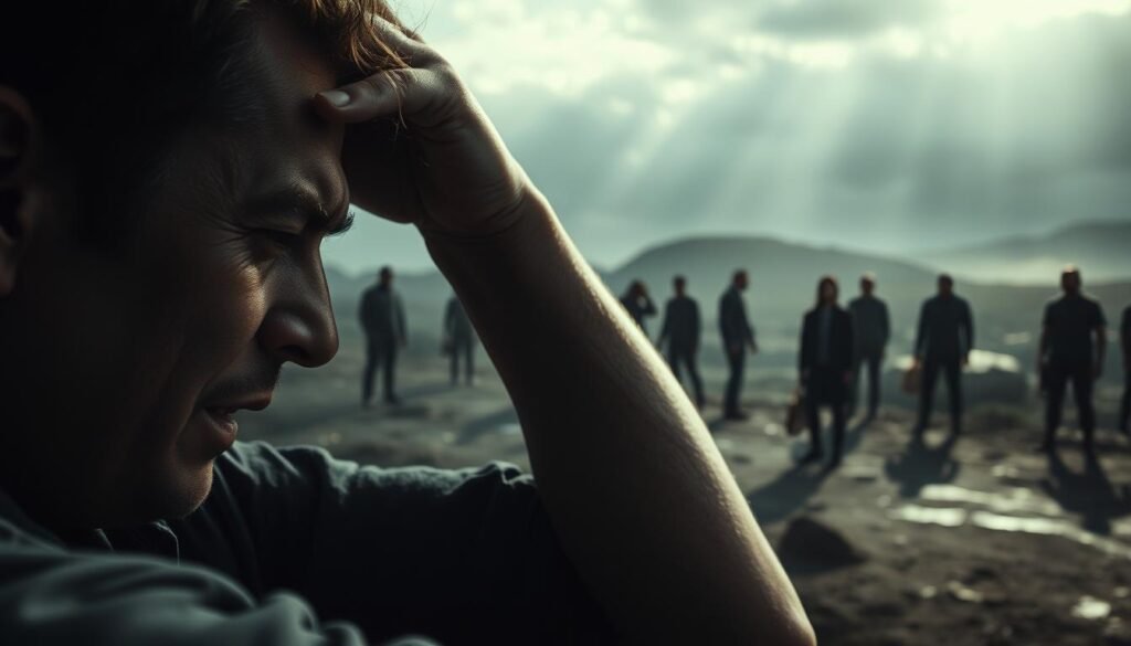 A dramatic, cinematic depiction of the stress continuum stages, with a somber, realistic atmosphere. In the foreground, a person clutches their head, face etched with tension and anguish. The middle ground showcases a spectrum of emotional states, from tranquility to overwhelming panic, depicted through expressive human figures. The background features a moody, shadowy landscape, suggesting the pervasive, inescapable nature of stress. Dramatic lighting casts dramatic shadows, heightening the sense of gravity and weight. Captured with a wide-angle lens to emphasize the scope and scale of the stress experience.