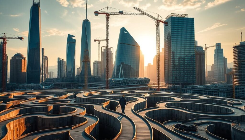 A dynamic cityscape with towering skyscrapers and cranes, symbolizing the constraints and innovations of the modern world. In the foreground, a person navigates through a maze of winding pathways, representing the challenges of creativity within limitations. The middle ground features a fusion of old and new architecture, with sleek, angular buildings emerging from the foundations of historical structures. The background is bathed in a warm, golden light, suggesting the illumination of new ideas and solutions. The scene conveys a sense of both tension and possibility, capturing the essence of how constraints can drive innovation.