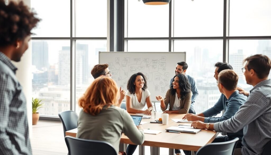 A dynamic team of diverse individuals collaborating in a well-lit, airy workspace. The foreground features a group of people brainstorming around a large table, exchanging ideas with enthusiasm and gesturing animatedly. In the middle ground, a whiteboard displays a web of mind maps and sketches, capturing the creative energy. The background reveals floor-to-ceiling windows overlooking a cityscape, infusing the scene with a sense of inspiration and connection to the outside world. The overall mood is one of productive synergy, with a focus on harnessing collective intelligence to drive innovation.