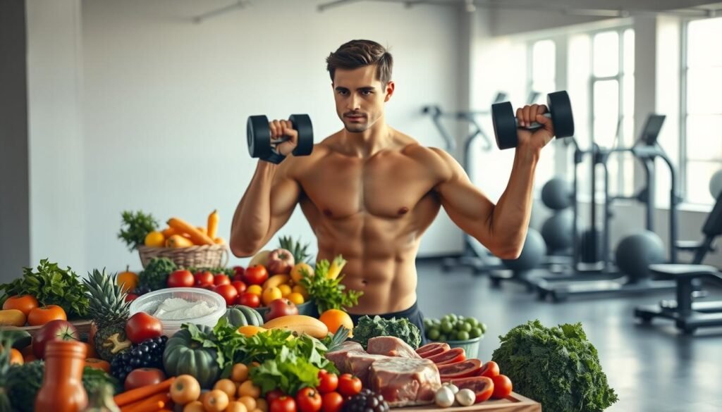 A dynamic, well-lit scene depicting the synergy between diet and exercise for optimal cardiovascular health. In the foreground, a person performing a strength training exercise with free weights, their muscular physique glowing with a healthy sheen. In the middle ground, an abundance of fresh, vibrant produce - fruits, vegetables, and lean protein sources - symbolizing a balanced, nutrient-rich diet. In the background, a serene, minimalist gym environment with state-of-the-art equipment, conveying the importance of a structured exercise regimen. The overall atmosphere is one of vitality, focus, and the profound interconnectedness of healthy lifestyle choices.