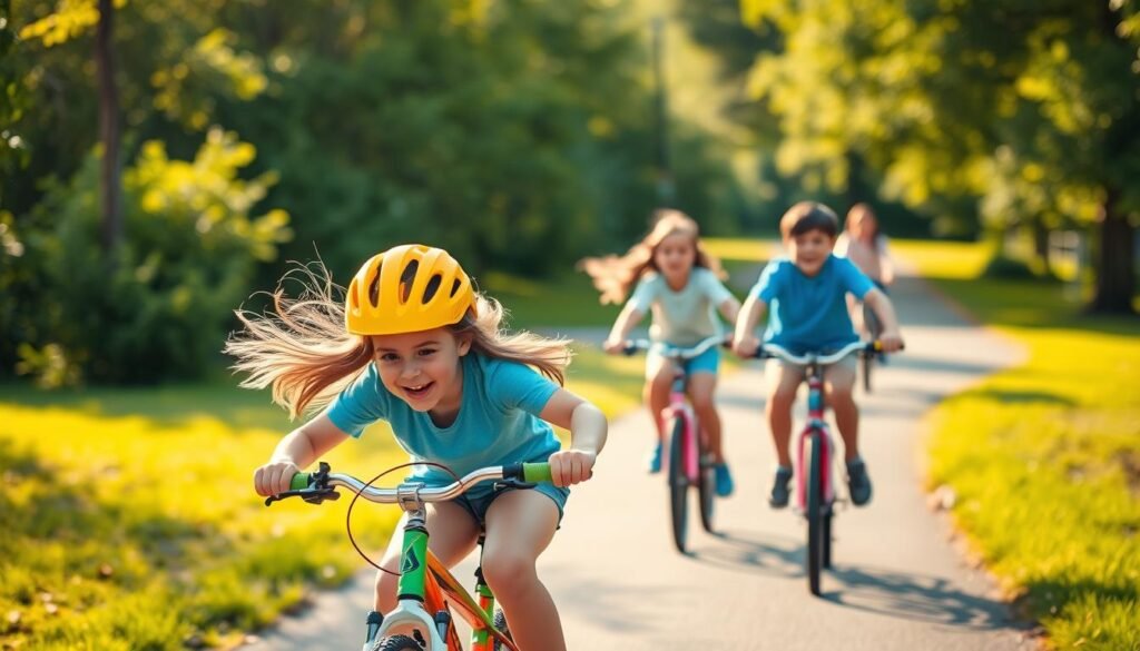 A group of excited children riding colorful bicycles on a winding path through a lush, sun-dappled park. In the foreground, a young girl in a bright yellow helmet pedals enthusiastically, her hair flowing behind her. In the middle ground, a boy in a blue shirt races alongside his friend, their faces alight with joy. The background is filled with vibrant greenery and the soft, warm glow of the afternoon sun, creating an atmosphere of carefree adventure and outdoor exploration.