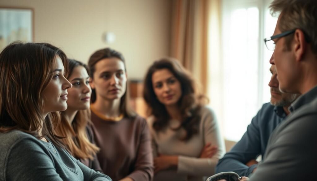 A group of people engaged in active listening, their faces attentive and focused, eyes locked with the speaker. The scene is set in a warm, softly lit room, with muted colors and a sense of calm. The figures are positioned in a semicircle, body language open and receptive. The background is blurred, drawing the viewer's attention to the central group, highlighting the importance of their interaction. Lighting is gentle, creating a sense of intimacy and thoughtfulness. The overall mood is one of engaged, empathetic communication.