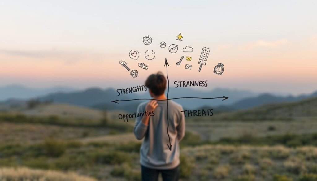 A high-quality SWOT analysis illustration depicting a step-by-step process for personal growth goal-setting. In the foreground, a hand-drawn diagram with four quadrants labeled "Strengths," "Weaknesses," "Opportunities," and "Threats." In the middle ground, a person thoughtfully examining the SWOT analysis, surrounded by icons representing different aspects of personal development. The background features a minimalist, serene landscape with soft lighting, evoking a contemplative atmosphere. The overall scene conveys a sense of structured, reflective self-assessment leading to achievable growth objectives.