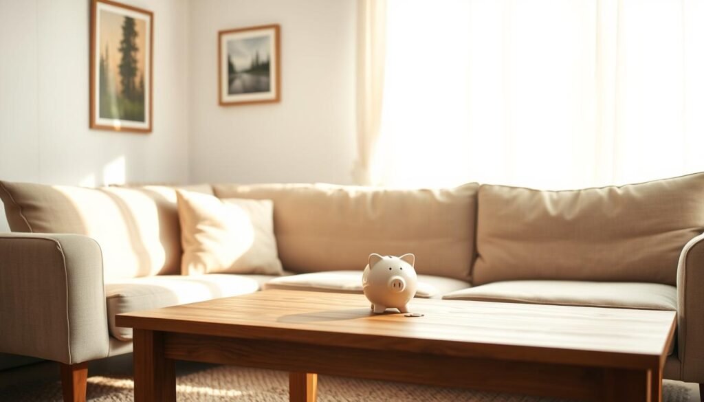 A minimalist living room with a cozy, well-worn sofa and a simple wooden coffee table. Soft, warm lighting filters through sheer curtains, casting a gentle glow. On the table, a piggy bank and a few coins signify the idea of saving. The walls are adorned with framed nature photographs, creating a sense of tranquility. The overall atmosphere conveys a sense of contentment and financial prudence, embodying the concept of "living within your means."