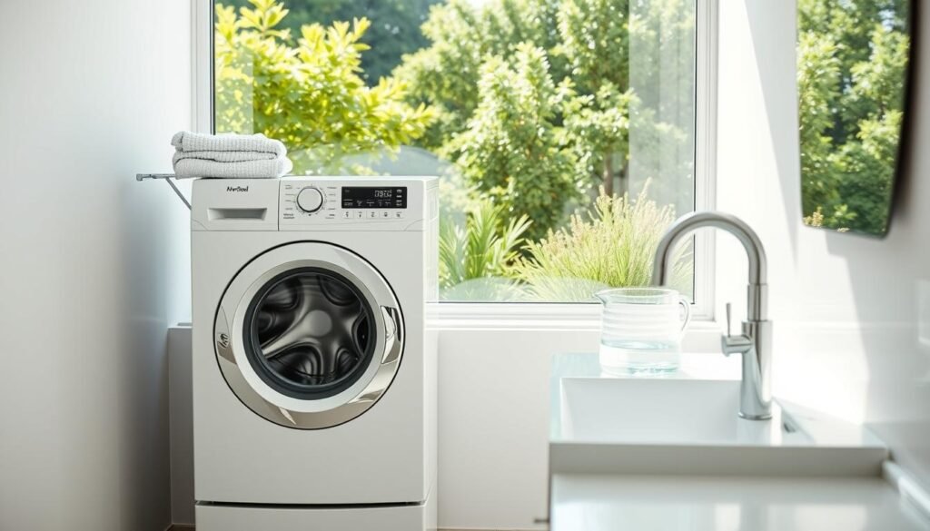 A minimalist, well-lit bathroom interior with a large window overlooking a lush garden. In the foreground, a modern, energy-efficient washing machine is placed. The machine's display shows a "water-saving" cycle in progress. Beside it, a drying rack holds a few neatly folded, freshly laundered clothes. The middle ground features a sleek, chrome faucet and a porcelain sink, with a pitcher of fresh water nearby. The background shows the view outside, with sunlight streaming in and highlighting the healthy, green foliage of the garden. The overall atmosphere conveys a sense of tranquility, efficiency, and environmental consciousness.