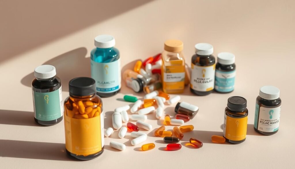 A neatly arranged still life of various vitamin supplement bottles and pills on a clean, minimalist background. The bottles are positioned in the foreground, casting soft shadows, with a warm, natural lighting illuminating the scene. The middle ground features a variety of supplement capsules, tablets, and softgels in various shapes and colors, creating a visually appealing display. The background is a simple, muted color that allows the supplements to take center stage. The overall composition conveys a sense of order, quality, and the importance of considering supplements for one's health and wellbeing.