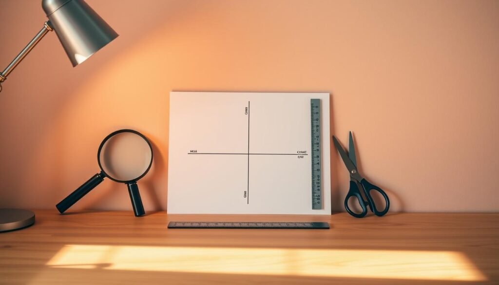 A neatly organized desk with a magnifying glass, a ruler, and a pair of scissors arranged in a grid formation, representing the Eisenhower Matrix prioritization method. The desk is illuminated by warm, directional lighting, casting subtle shadows and highlighting the textured wood grain. In the background, a minimalist, pastel-colored wall provides a clean, uncluttered backdrop, emphasizing the simplicity and structure of the Eisenhower Matrix concept. The overall scene conveys a sense of focus, organization, and intentional decision-making, perfectly capturing the essence of the "Prioritize Your Goals Effectively" section.