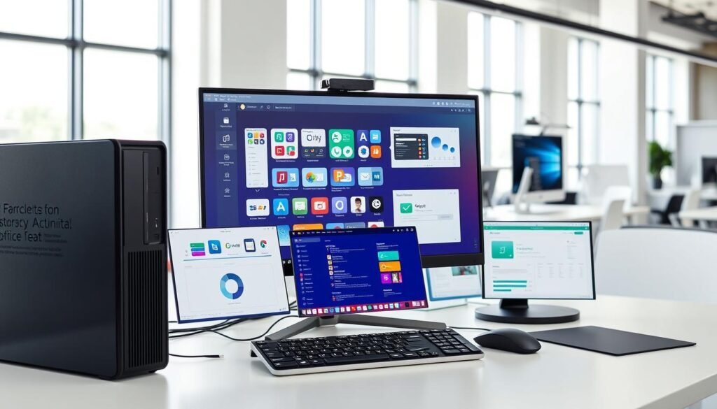 A neatly organized desk with a sleek desktop computer, a high-resolution monitor, and a modern, ergonomic keyboard and mouse. In the foreground, various productivity apps and software interfaces are displayed, showcasing their intuitive and efficient designs. The background features a clean, minimalist office environment with large windows, allowing natural light to stream in and create a bright, airy atmosphere. The scene is captured with a wide-angle lens, capturing the synergy between technology and workspace to enable maximum productivity. The overall mood is one of focus, efficiency, and a sense of calm control over one's work environment.