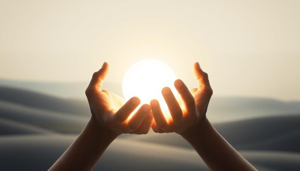 A pair of open hands cradling a glowing sphere of light, representing the warmth and connection of empathy in communication. The hands are illuminated from within, casting a soft, ethereal glow that fills the frame. The background is a serene, minimalist landscape, with subtle textures and gradients that create a sense of depth and tranquility. The lighting is natural and diffused, capturing the essence of a meaningful exchange. The composition is balanced and centered, inviting the viewer to pause and reflect on the importance of empathetic understanding in our interactions.