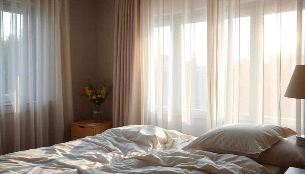 A peaceful, well-lit bedroom with soft, natural lighting filtering through sheer curtains. The scene exudes a sense of tranquility and relaxation, with a focus on the effects of proper light exposure for better sleep. The light gently illuminates the room, creating a warm, inviting atmosphere. The angle of the light suggests an early morning or late afternoon setting, with subtle shadows and highlights that add depth and dimension to the space. The overall composition emphasizes the importance of carefully managing light levels for improved sleep quality.