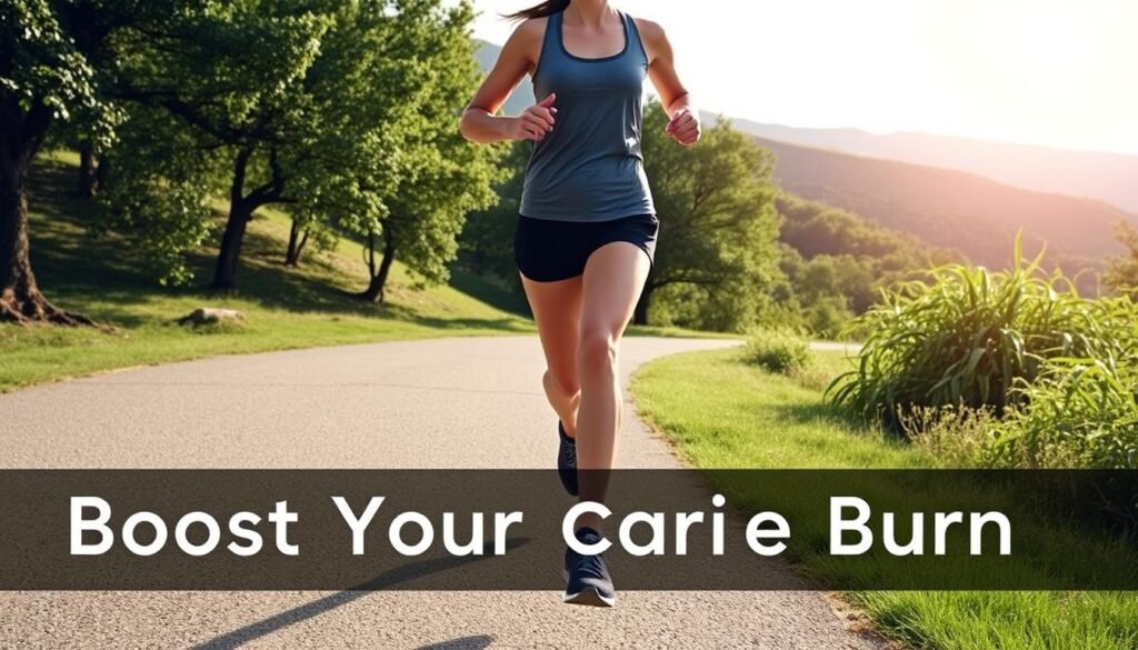 A person jogging on a paved path in a scenic outdoor setting, with lush greenery and rolling hills in the background. The jogger is wearing lightweight running gear, including a breathable top and shorts, and comfortable athletic shoes. Sunlight filters through the trees, casting a warm, natural glow on the scene. The overall atmosphere is one of fitness, health, and a sense of energy and vitality, capturing the essence of "Jogging or Running: Boost Your Calorie Burn".