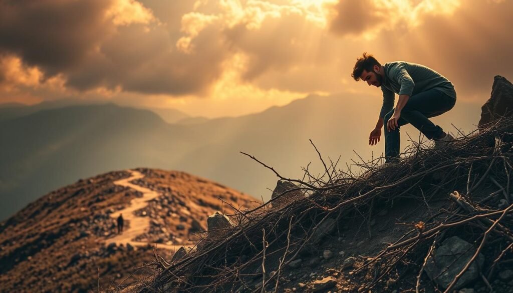 A person overcoming obstacles on a winding path, symbolizing the challenges of goal-setting. The foreground depicts the individual determinedly climbing over a tangle of thorns and rocks, their expression focused and resolute. The middle ground shows the path diverging, with pitfalls and roadblocks scattered along the way. In the background, a dimly lit landscape of jagged peaks and ominous clouds sets an atmospheric tone of difficulty and uncertainty. Warm, directional lighting casts dramatic shadows, emphasizing the sense of struggle and perseverance. The overall composition conveys the message of overcoming common goal-setting pitfalls through resilience and strategic navigation.