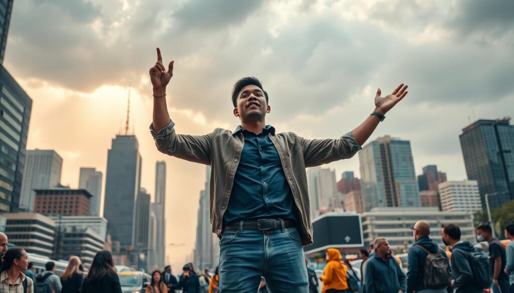 A person standing confidently in a cityscape, their arms raised in a gesture of advocacy and determination. The foreground depicts the individual, dressed in casual yet professional attire, speaking passionately to a group of people gathered around. The middle ground showcases a vibrant, bustling urban environment with towering skyscrapers, public transportation, and diverse pedestrians. The background depicts a cloudy, yet hopeful sky, with rays of sunlight peeking through, symbolizing the potential for positive change. The lighting is warm and natural, with a sense of energy and dynamism. The camera angle is slightly elevated, conveying a sense of empowerment and the scale of the individual's impact. The overall mood is one of inspiration, community, and the drive to make a difference beyond the confines of one's own home.