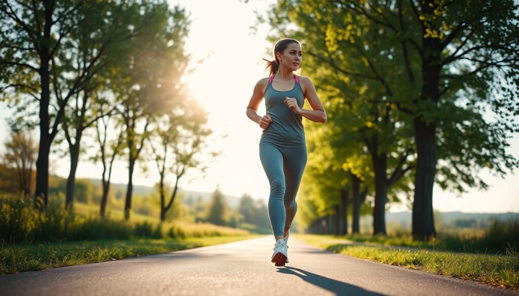 A person taking an energetic morning walk on a scenic path, with lush green trees and a bright, clear sky in the background. The walker is dressed in comfortable athletic wear, with a determined expression on their face as they stride forward, their posture upright and their steps firm. The lighting is warm and natural, casting a soft glow on the scene. The camera angle is slightly elevated, capturing the walker's movements from a slightly elevated perspective, conveying a sense of motivation and progress. The overall atmosphere is one of positivity, health, and the joy of engaging in a simple yet effective exercise for weight loss.