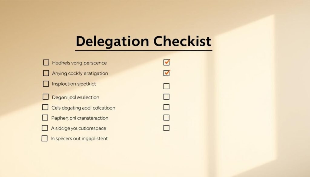 A professional-looking delegation checklist against a clean, minimalist background. The checklist items are arranged in a tidy grid layout, with each bullet point and checkbox rendered in a crisp, modern font. The overall presentation conveys a sense of organization, efficiency, and productivity. Warm, natural lighting casts a subtle glow, creating a calm, focused atmosphere. The image has a high-resolution, photorealistic quality, captured with a wide-angle lens to showcase the entire checklist in detail.