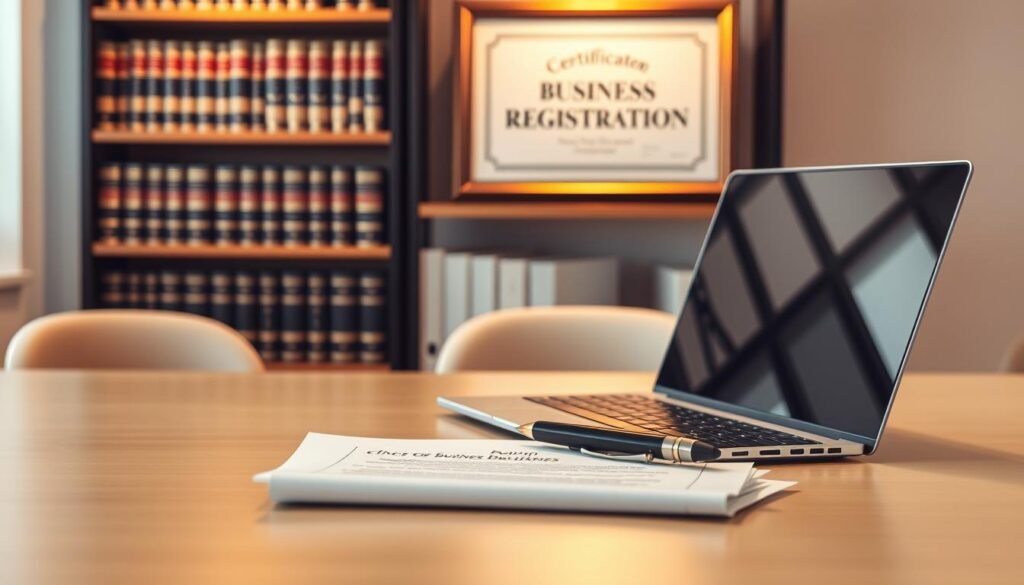 A professional, minimalist office desk with a laptop, pen, and legal documents. Warm, soft lighting illuminates the scene, creating a focused, productive atmosphere. In the background, a bookshelf filled with law books and a framed certificate of business registration prominently displayed. The composition emphasizes the importance of legal compliance and the essential paperwork required to start a successful small business venture.