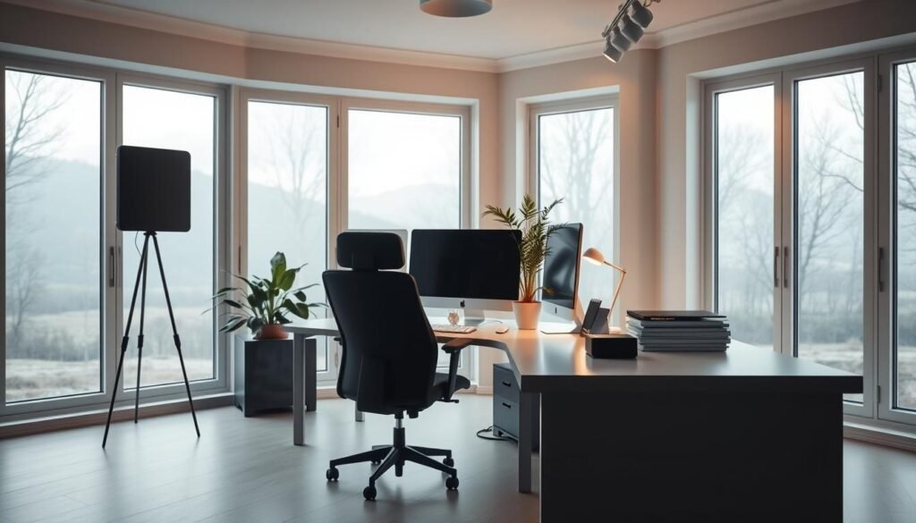 A serene and harmonious workspace illuminated by natural light, with clean, minimalist lines and a calming color palette. In the foreground, a sturdy, ergonomic desk with a sleek, modern computer setup. The middle ground features a comfortable, ergonomic office chair and a potted plant, creating a sense of balance and mindfulness. The background showcases large windows overlooking a tranquil outdoor scene, blending the interior and exterior for a peaceful, focused atmosphere. Subtle lighting from overhead fixtures casts a warm, productive glow, while the overall composition exudes an air of efficiency and concentration.