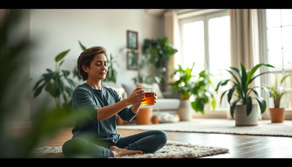 A serene and tranquil scene of a person engaging in various healthy body habits for stress relief. In the foreground, the individual is performing gentle yoga poses on a plush mat, their expression calm and focused. In the middle ground, they are sipping from a mug of herbal tea, surrounded by lush indoor plants that purify the air. The background depicts a cozy and well-lit living space, with soft natural lighting filtering through large windows. The overall atmosphere conveys a sense of balance, mindfulness, and relaxation, encouraging the viewer to adopt similar practices for their own well-being.